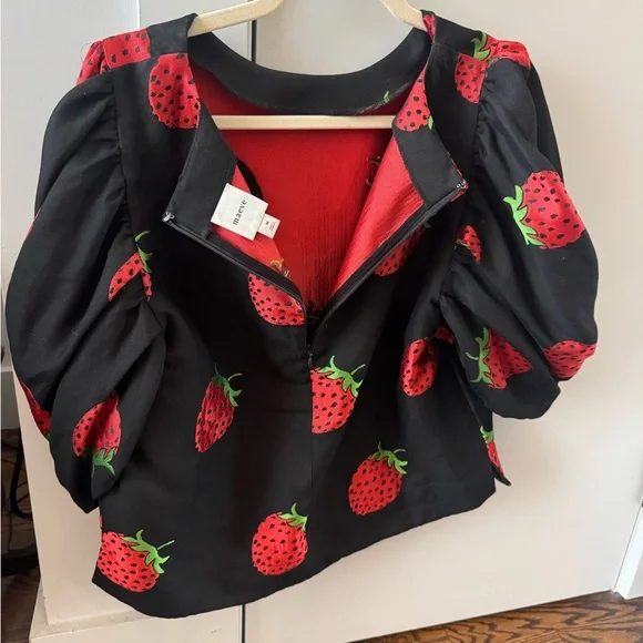Anthropology MAEVE Strawberry Print Puff Sleeve Top, M - Picture 2 of 5